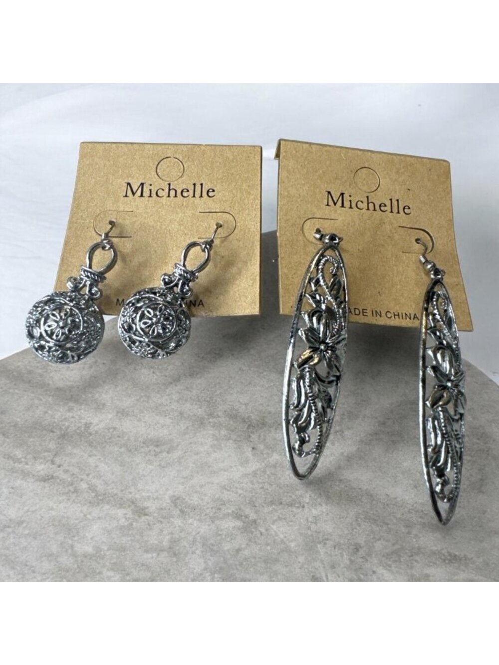 Michelle Silver-Tone Floral Leaf & Filigree Oval Drop Earrings 2-Piece Set